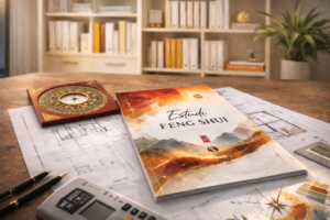 Estudi de Feng Shui amb informe professional i brúixola Luo Pan sobre plànols arquitectònics en una oficina amb ambient càlid