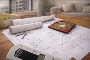 Anàlisi d’habitatge amb plànols arquitectònics, brúixola Feng Shui i mesurador electromagnètic sobre taula de treball