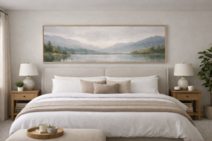 Habitació harmonitzada Feng Shui amb colors suaus, llit al centre, plantes naturals i il·luminació càlida per a la relaxació i el bon flux d'energia. Ideal per a un dormitori zen.