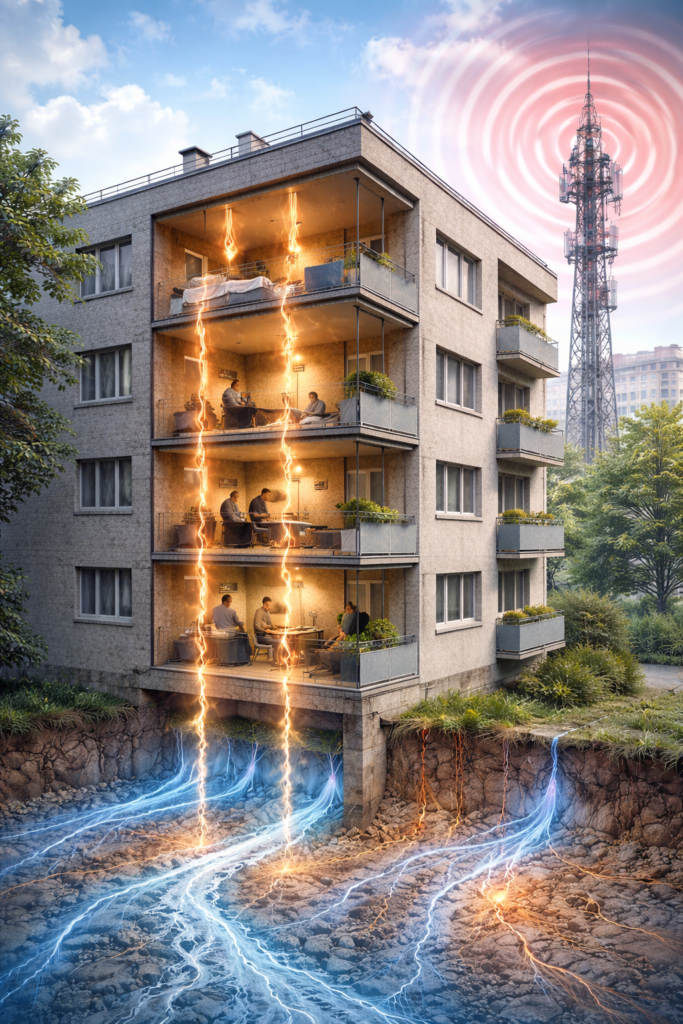 Imatge que il·lustra afectacions geobiològiques en un edifici per corrents d'aigua subterrànies i antenes de telecomunicacions en el context del Feng Shui