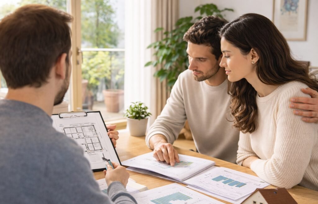 Consultor analitzant un habitatge amb plànols, mesuradors energètics i assessorant una parella abans de comprar o llogar