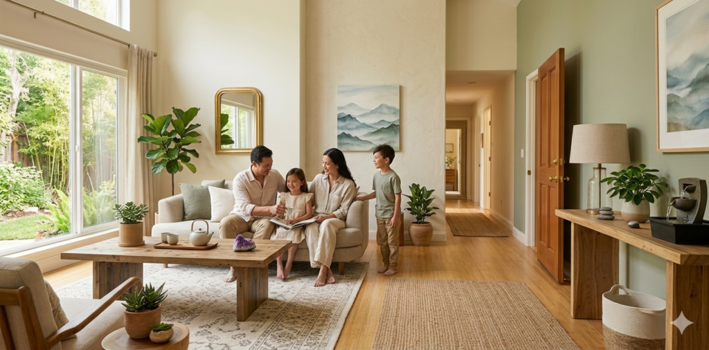 Família feliç amb dos fills en un saló dissenyat segons el Feng Shui amb llum natural, plantes i elements de fusta per millorar el flux d'energia vital.