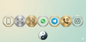 Icones de contacte ràpid: símbols de correu electrònic, WhatsApp, formulari de contacte, Instagram i telèfon per facilitar la comunicació amb l'usuari.