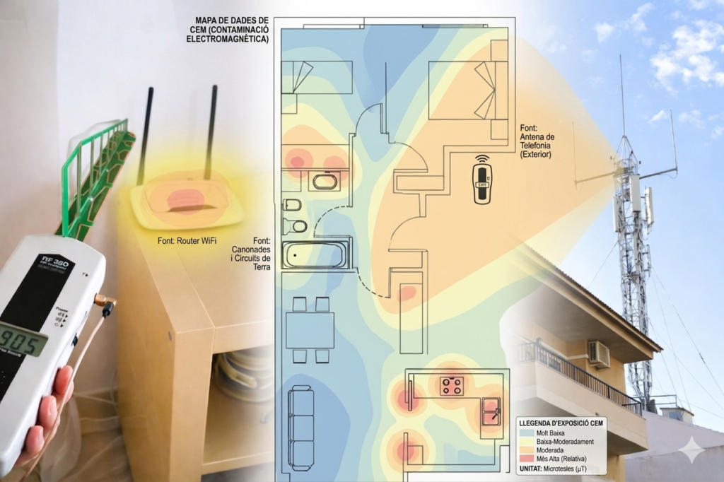 Composició fotogràfica que mostra un mesurador de radiació HF32D, un router WiFi i una antena de telefonia, amb un plànol central que representa gràficament la propagació de les ones electromagnètiques mitjançant un mapa de calor tècnic en un domicili