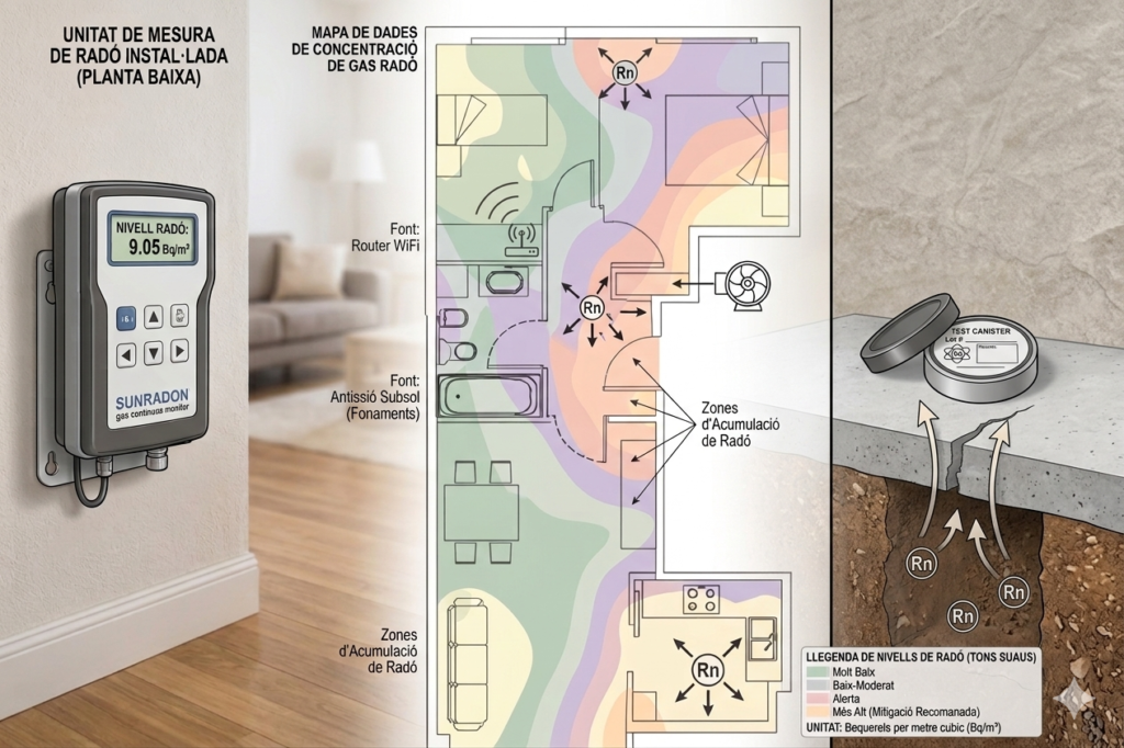 Infografia completa sobre la detecció de gas radó en un habitatge, mostrant un monitor continu SunRADON, un plànol amb mapa de calor de concentració d'emanacions i un kit de prova per mostreig sota-sola.