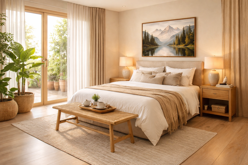 Habitació feng shui amb llum natural, colors terra i quadre de paisatge de muntanyes, ambient càlid i equilibrat