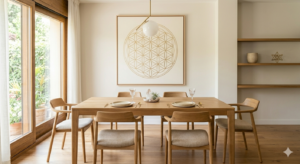 Menjador harmonitzat amb elements de Geometria Sagrada, creant un espai equilibrat i tranquil. Mobles de fusta natural i decoració amb patrons sagrats per a la vitalitat i el benestar.