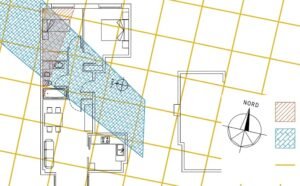 Plànol d'un pis amb anàlisi geobiològica. Mostra corrents d'aigua subterrànies (blau), línies geomagnètiques (groc) i zones de risc (vermell) que afecten el dormitori.
